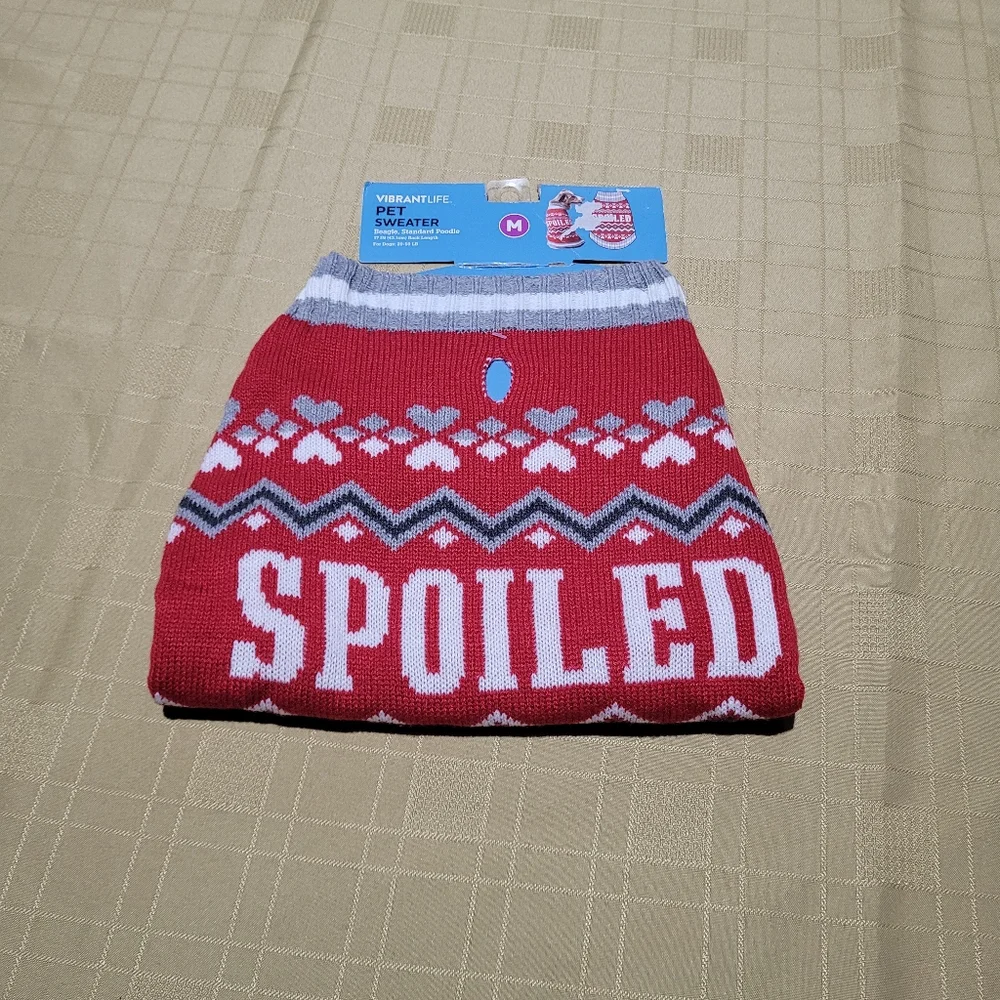Spoiled Pooch Dog Sweater Animal Graphic Print Hearts Stripe Size Medium Cozy
